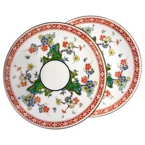 2 Wedgwood Ming Saucers 5” Asian Floral Chinoiserie Cherry Blossom Red Scroll